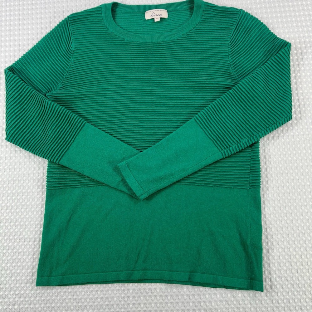 Linea‎ Green Textured Knit Sweater Women's Size 10 Ribbed Detail Pullover